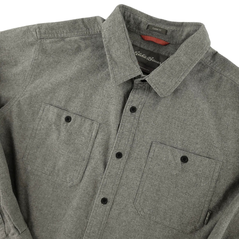 Eddie Bauer Mountain Ops Shirt Mens 2XL Gray Solid Long Sleeve Button Up Flannel